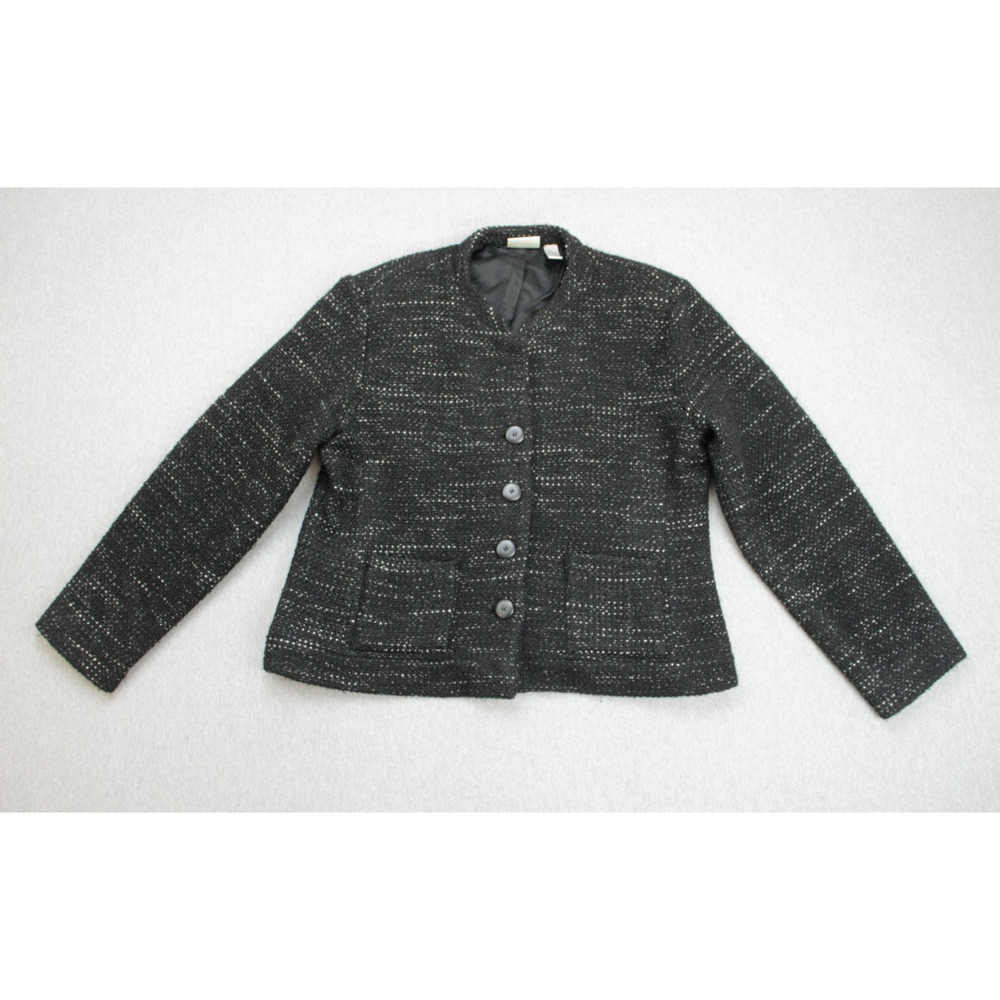 Chicos Blazer Womens 3 Black Collarless Pockets 4 Buttons Long Sleeve